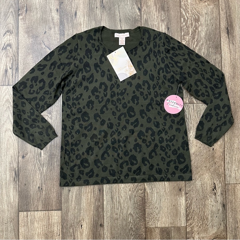 Emma’s Expression Maternity Fashion Green Leopard Print Top Sweater Size M